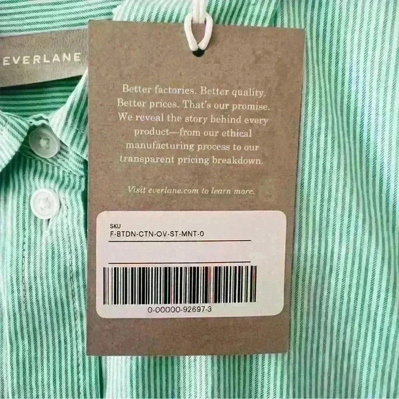 EVERLANE‎ WOMENS PREPPY MINT/WHITE STRIPED SILKY FEELING COTTON BUTTON DOWN SIZE - Picture 2 of 7